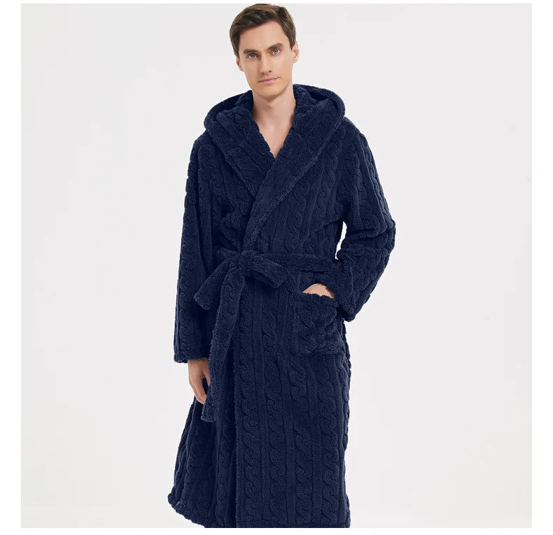 Men’s Fall & Winter Warm Hooded Robe – Thickened Cotton Velvet Jacquard Homewear for Couples