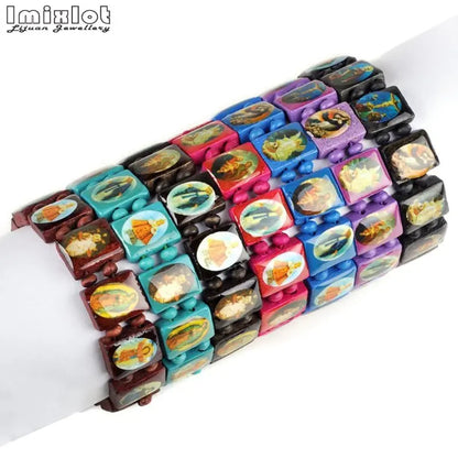 Wooden Rosary Bracelet - Elastic Colored Bead Catholic Prayer Bracelet with Jesus and Saint Design