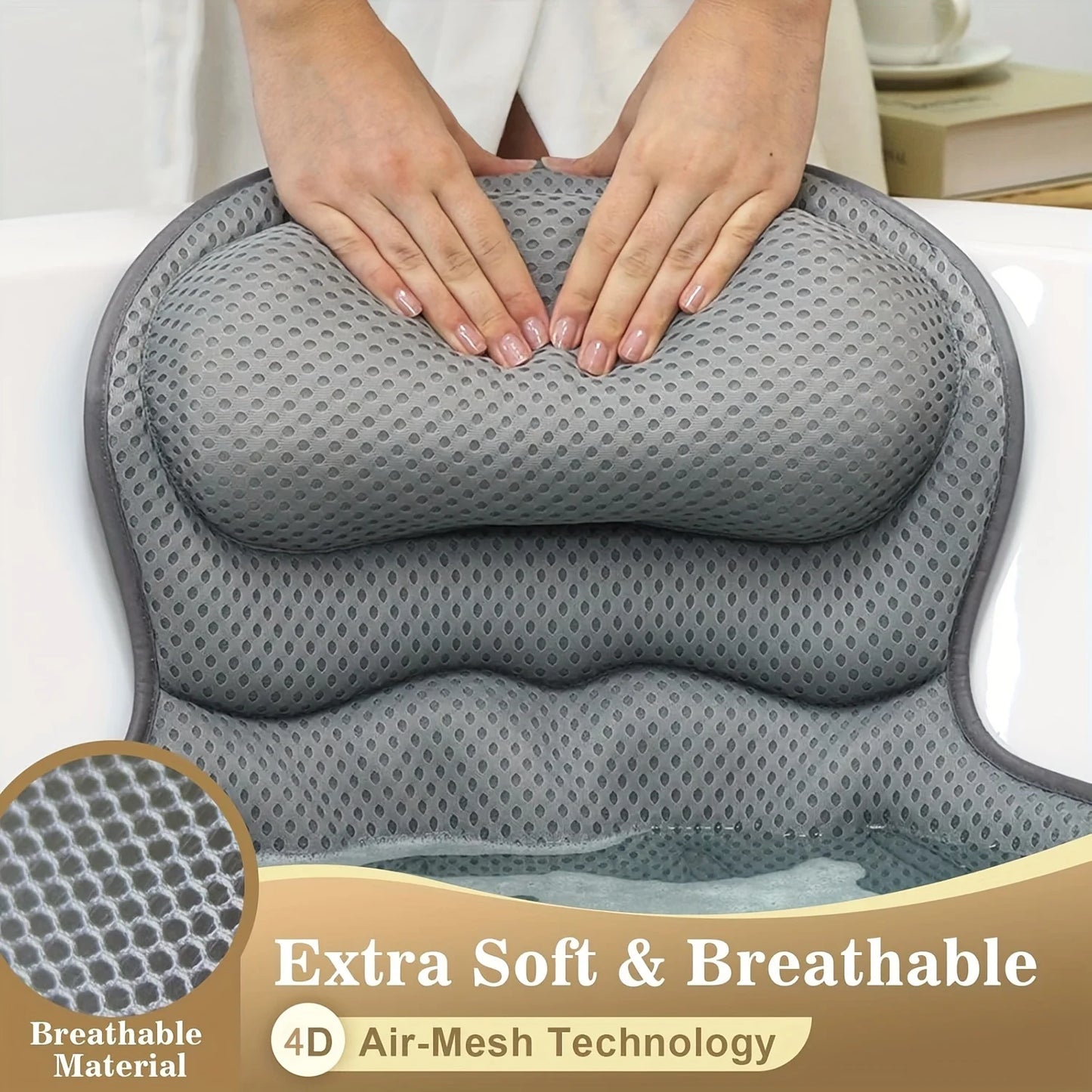 Luxury Bath Pillow with 3D Air Mesh - Secure Suction Neck & Back Support for Home & Spa Use