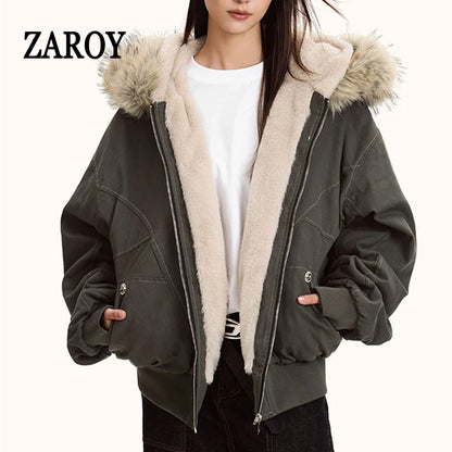 ZAROY Y2K Fur Collar Hooded Parka – Thick Padded Gothic Winter Jacket Streetwear for Men & Women