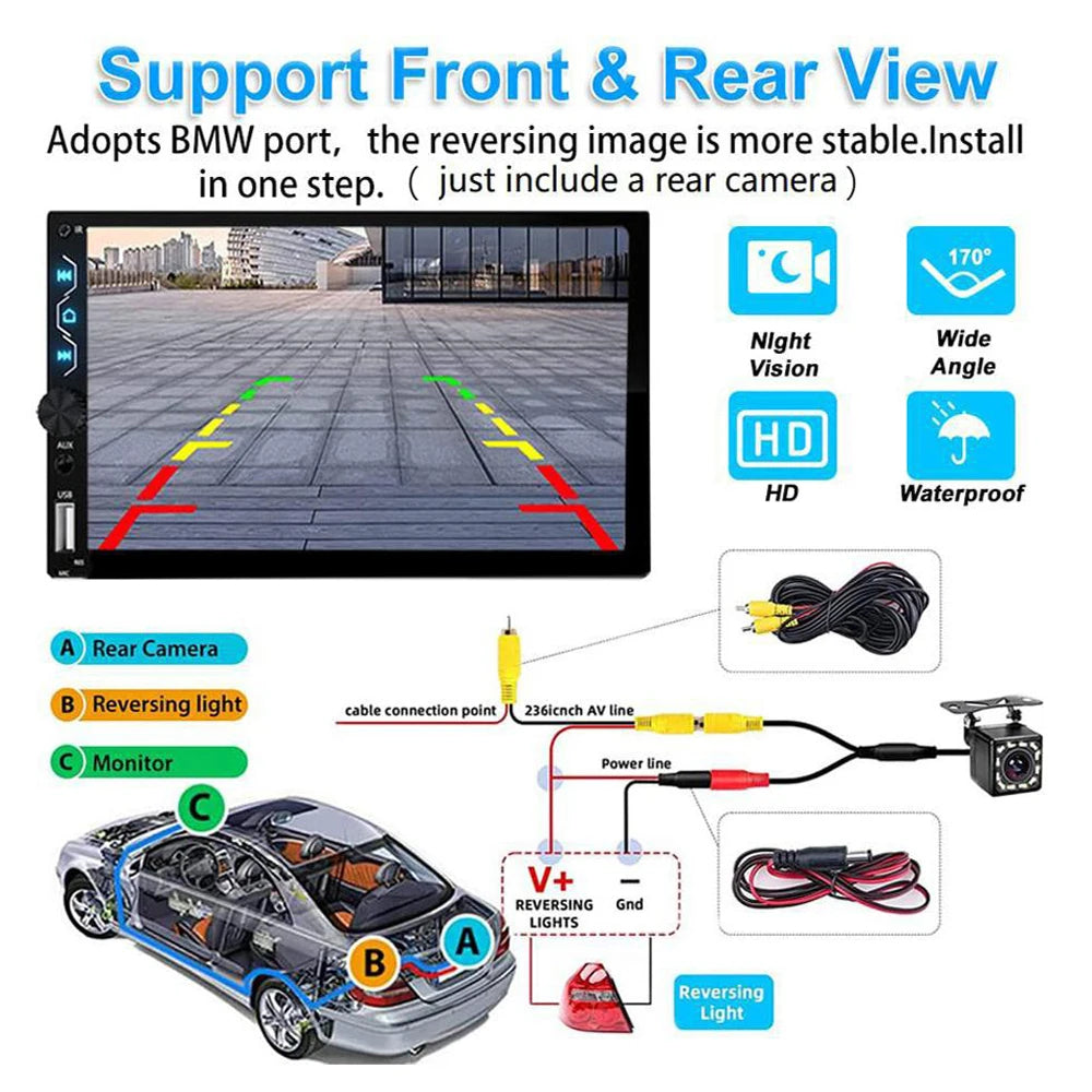 7" Wireless 2DIN Car Radio Stereo – HD Touchscreen CarPlay Android Auto Video Player with Bluetooth, FM & Rear View Camera
