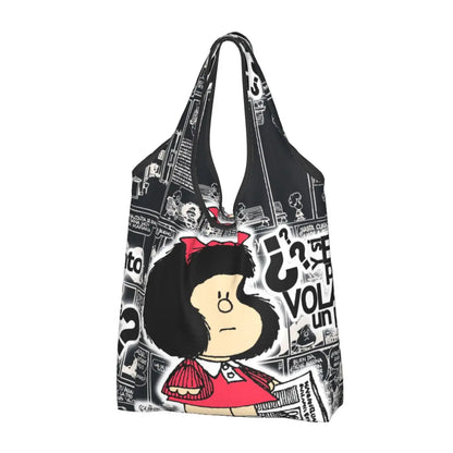 Anime Mafalda Cartoon Grocery Tote Bag – Large Capacity Fashion Shopper Shoulder Handbag, Portable Kawaii Canvas Bag for Everyday Use