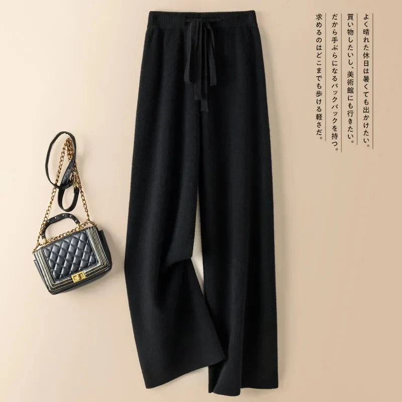 Thick Warm Knitted Pants - Women's High Waist Soft Elastic Straight Leg Ankle-Length Korean Fashion Trousers