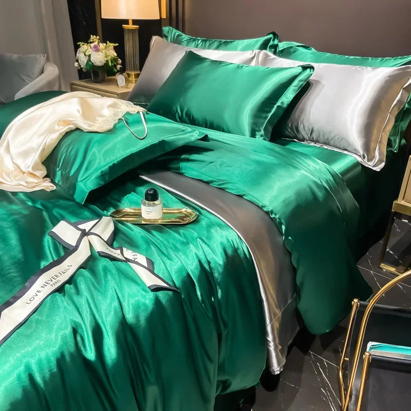 Solid Silk Bedding Set - Luxury Duvet Cover Bed Sheet Pillowcase Set For King Single Double Couple Beds