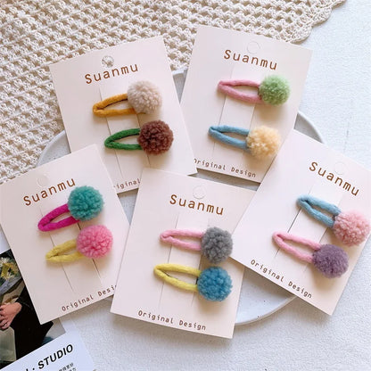 2PCS Colorful Pompom Hair Clips for Girls – Cute Plush Ball Barrettes & Hairpins Accessories