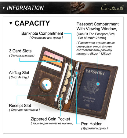 Genuine Cow Leather Passport Holder with AirTag Case – RFID Blocking Travel Wallet with Pen, Card Holder & Anti-Lost Pocket