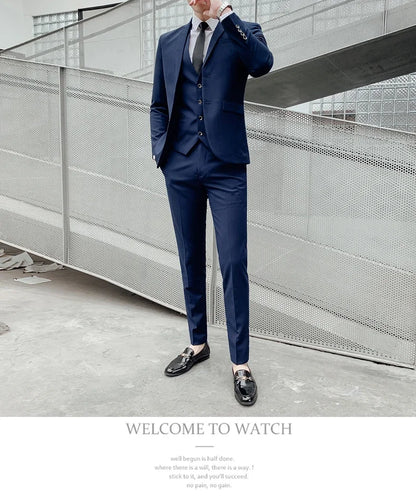 Men’s Business Suit Set — Blazer, Vest & Pants, Slim Fit Solid Color Wedding & Formal Dress Suit, Plus Size