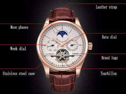 LIGE Men's Automatic Mechanical Tourbillon Watch - Waterproof Genuine Leather Military Wristwatch