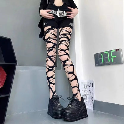 Gothic Punk Fishnet Stockings - Y2K Black Distressed Hole Pantyhose for Women