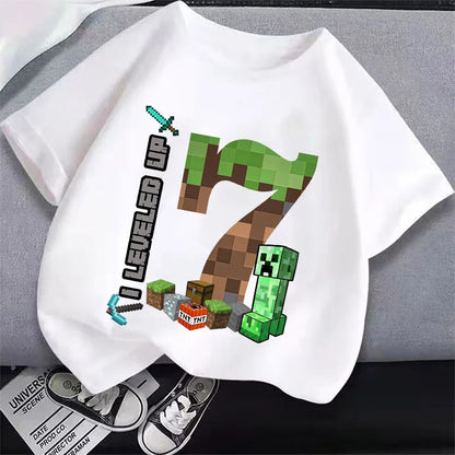 Miner Crafting Birthday Number T-Shirt – Cartoon Summer Short Sleeve Tops for Boys Party Gift