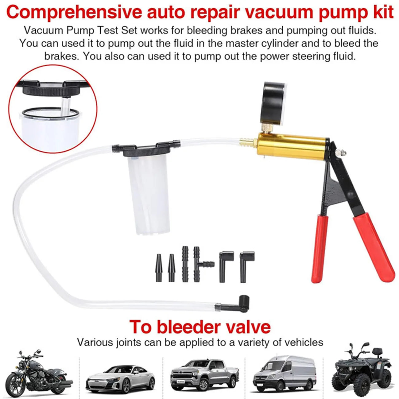 2 in 1 Brake Bleeder & Vacuum Pump Kit - Auto Brake Fluid Bleeding, Test, Purge, and Coolant Refill Tool with Gauge & Adapters