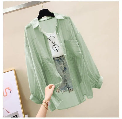Summer Sunscreen Shirt – Elegant Thin Chiffon Korean Harajuku See-Through Loose Blouse & Casual Women’s Cardigan