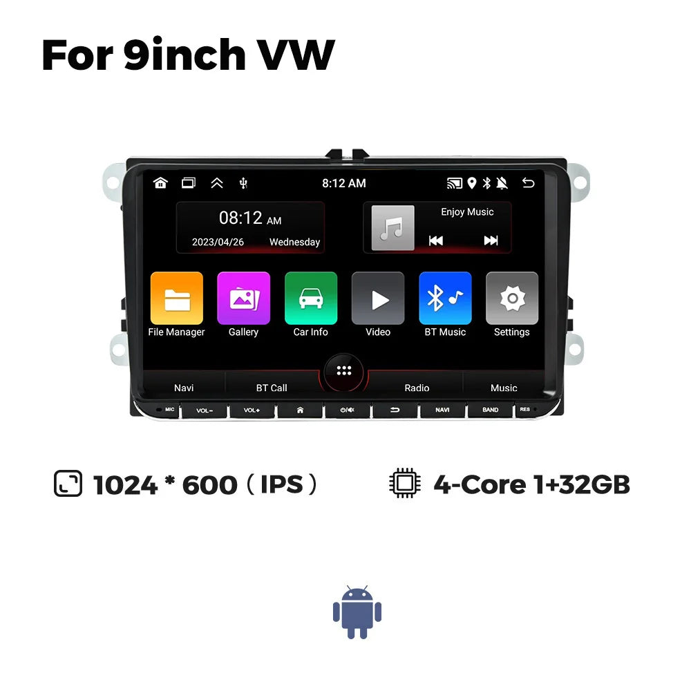 Android 13 Wireless CarPlay Multimedia Player – 7/8/9" IPS Screen GPS & WiFi Car Radio for VW Passat, Golf, Polo, Jetta & Skoda