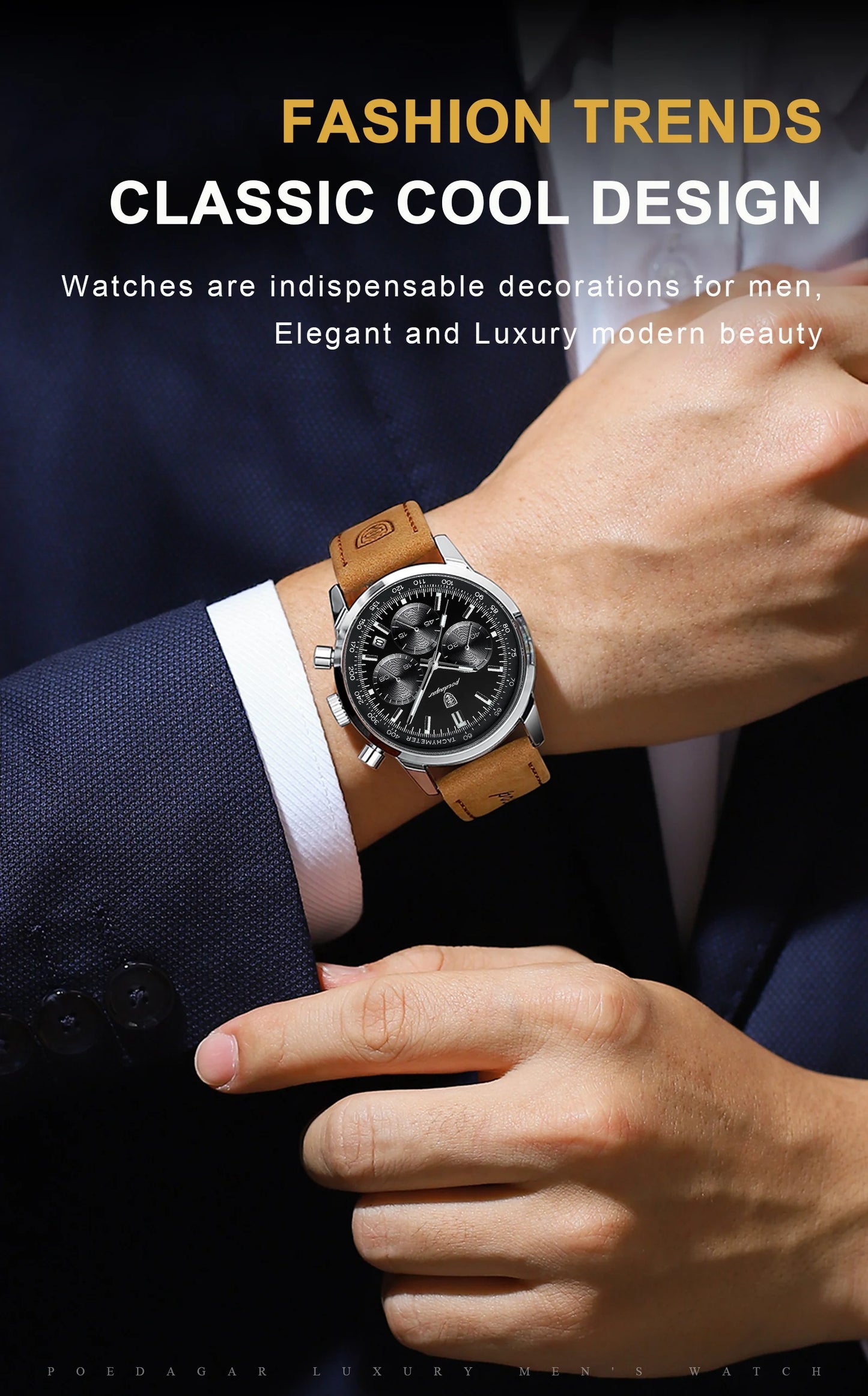 POEDAGAR Men's Luxury Sports Watch – Genuine Leather, Chronograph, Waterproof, Luminous Quartz Wristwatch