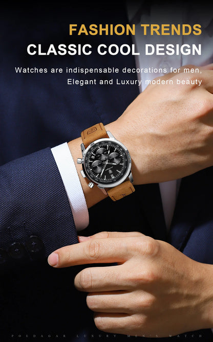 POEDAGAR Men's Luxury Sports Watch – Genuine Leather, Chronograph, Waterproof, Luminous Quartz Wristwatch
