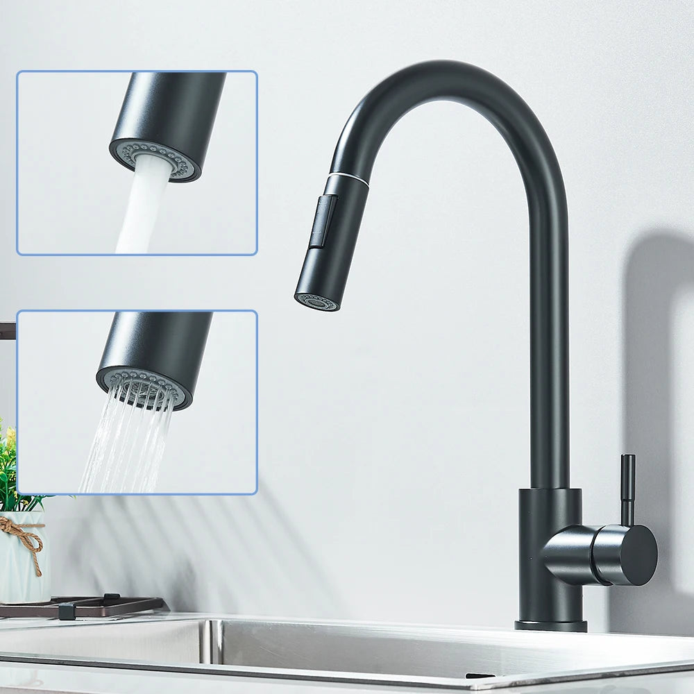 Black Pull-Out Kitchen Faucet - Deck Mounted, Flexible Hot & Cold Water Sink Mixer Tap with Stream & Shower Modes Nozzle