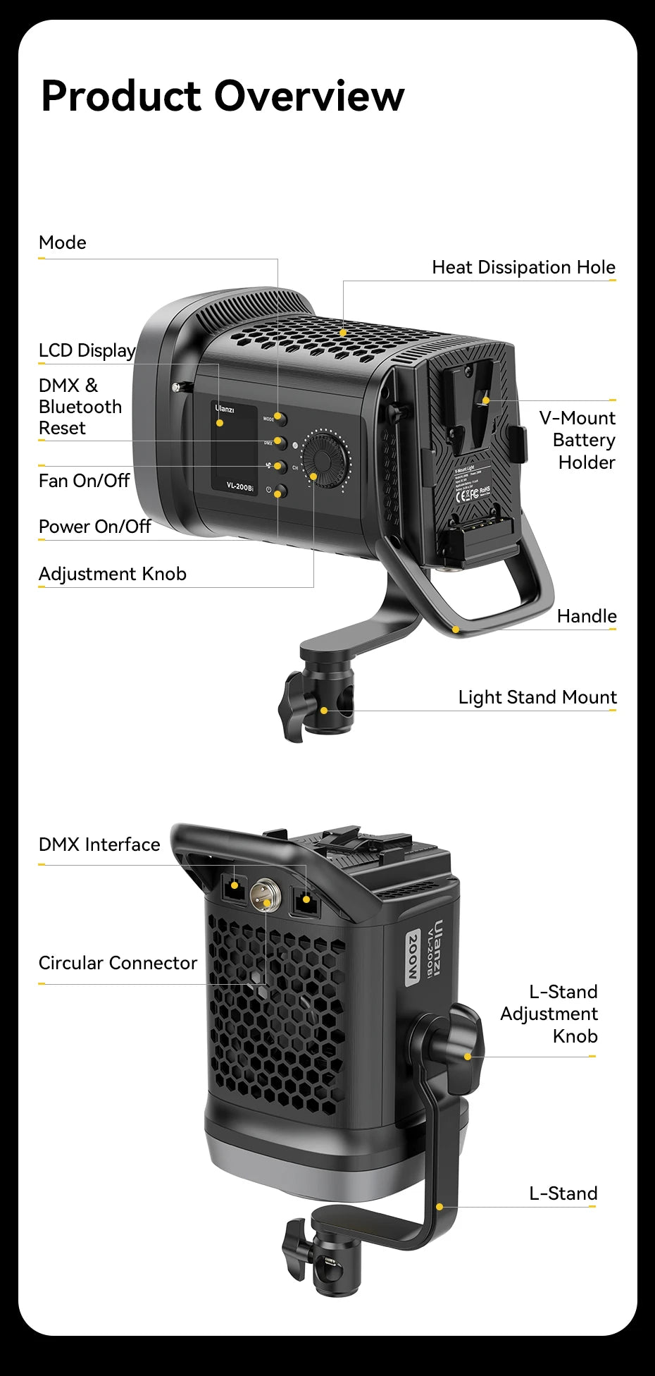Ulanzi VL-120Bi VL-120C 120W V-Mount COB Light – Wireless APP Control, 2700K-6500K Video Light for Skit Video Photography