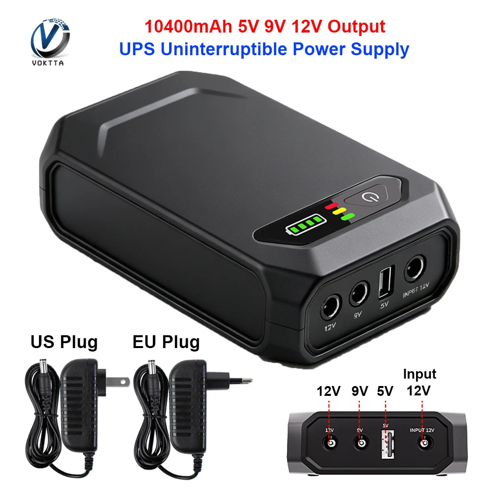 10400mAh Mini UPS Backup Power Supply - 5V/9V/12V DC Uninterruptible Battery Backup for Optical Network, CAT & Monitor Devices
