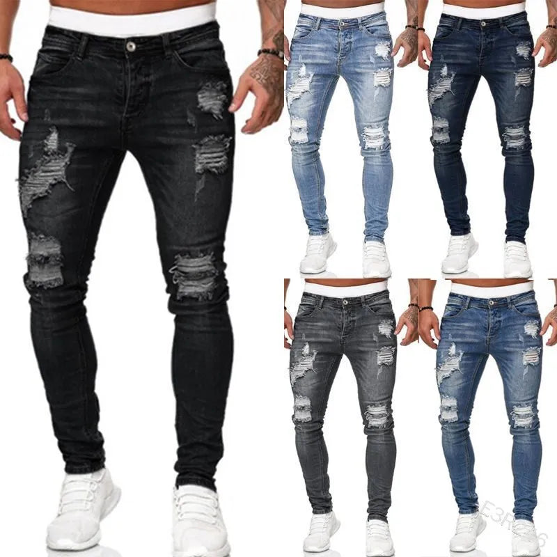 Men’s Ripped Skinny Jeans - Vintage Wash Slim Fit Denim Pants with Street Style Casual Look