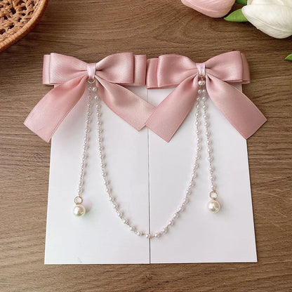 Sweet Princess Pink Pearl Bow Hair Clip – Cute Chain Hairpin for Women & Girls Back Head Fashion Hair Accessories