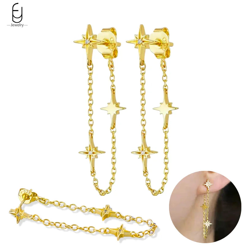 925 Sterling Silver Gold Tassel Earrings - Vintage Crystal Long Chain Hoop Jewelry for Women