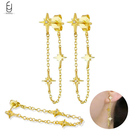 925 Sterling Silver Gold Tassel Earrings - Vintage Crystal Long Chain Hoop Jewelry for Women