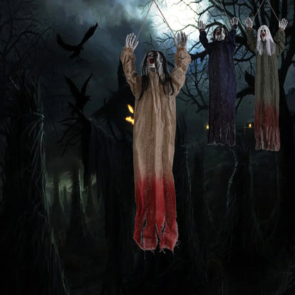 Halloween Hanging Ghost Decoration — Movable Skeleton Horror Prop with Long Hair for Haunted House and Bar 2025