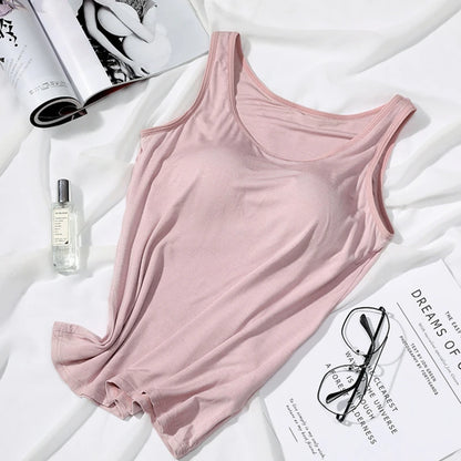 Women’s Built-In Bra Tank Top - Solid Color Padded Slim Fit Vest Shirt for Casual, Sexy & Everyday Wear