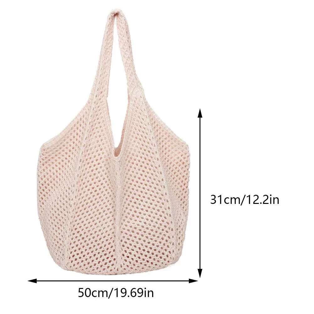 Fashion Women’s Hollow Woven Shoulder Bag – Large Capacity Crochet Tote, Solid Knitting Mesh Handbag for Summer & Beach