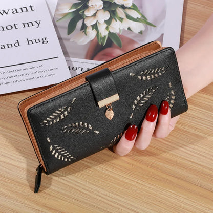 Women’s Long PU Leather Wallet – Gold Hollow Leaf Design Clutch Purse with Coin Pocket & Card Holders
