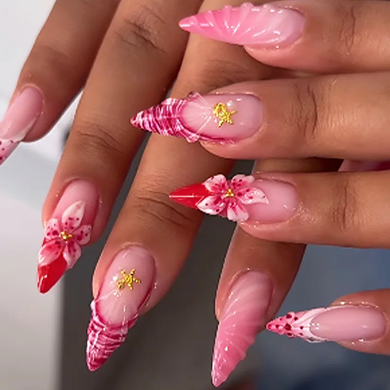 24PCS Strawberry Bow Press On Nails - Red Short Almond Pearl Starlight Floral False Nail Art Tips