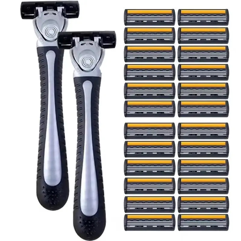 Men’s Reusable Safety Razor with Triple Blades – Anti-Slip Handle, Skin Guard, Travel Shaving Kit Variety Pack