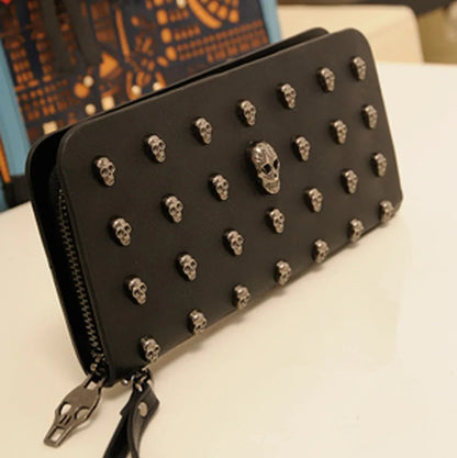 Women's Gothic Skull Head Long Wallet – Black Handheld Mobile Wallet with Wrist Strap & Card Clip