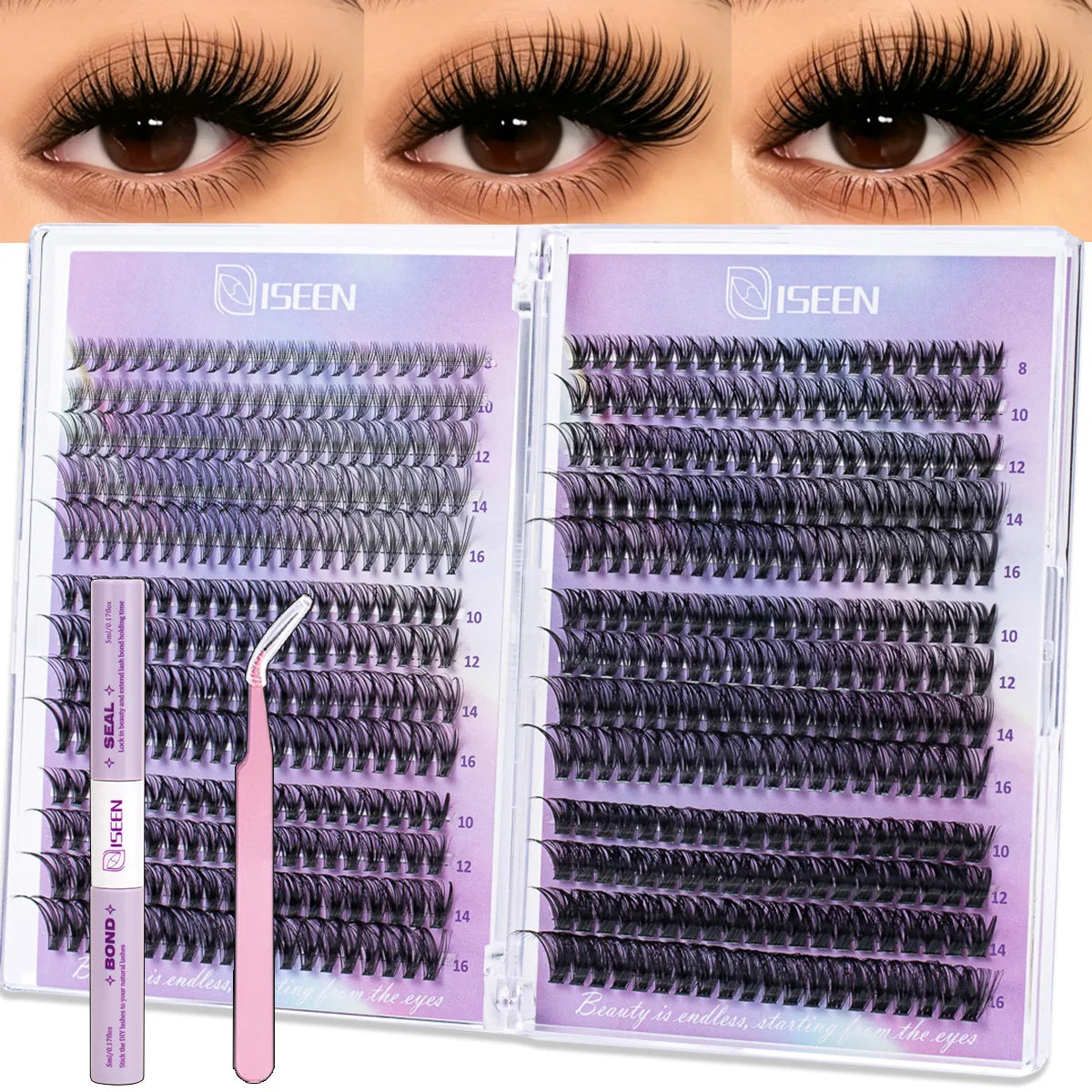DIY Lash Clusters Kit – Wispy Natural C Curl Eyelash Extensions 8–16mm with Bond & Seal for Salon-Style Eyelash Makeup