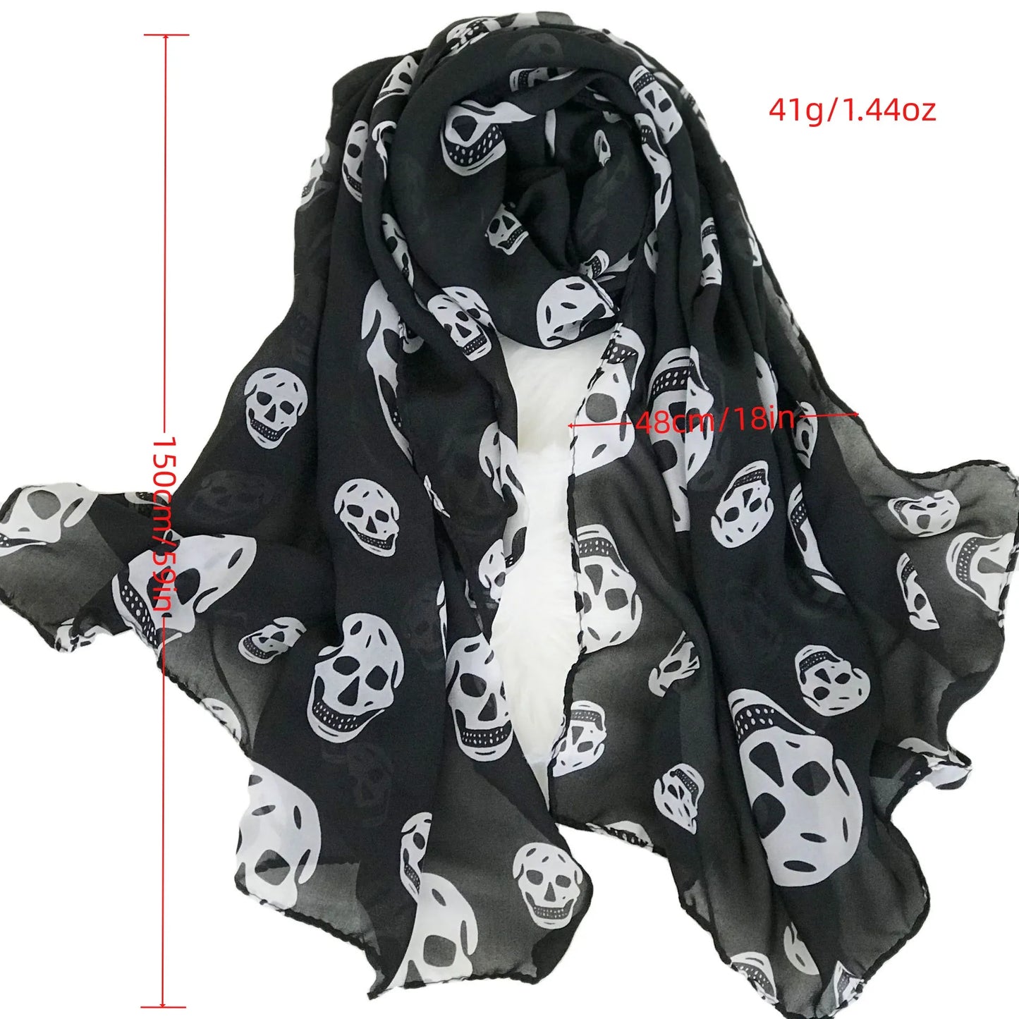 Summer Beach Long Shawl - Fashion Skull Print Chiffon Silk Scarf, Hijab, Soft and Thin, 50x150cm for Men and Women