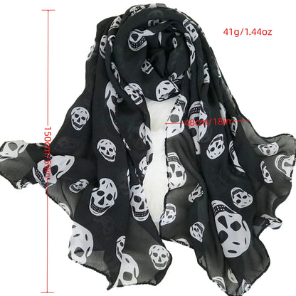 Summer Beach Long Shawl - Fashion Skull Print Chiffon Silk Scarf, Hijab, Soft and Thin, 50x150cm for Men and Women
