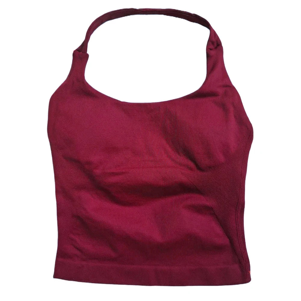 Women’s Strappy Gym Tank Top – Padded Sports Bra Backless Seamless Yoga Crop Top Halter Fitness Vest Activewear