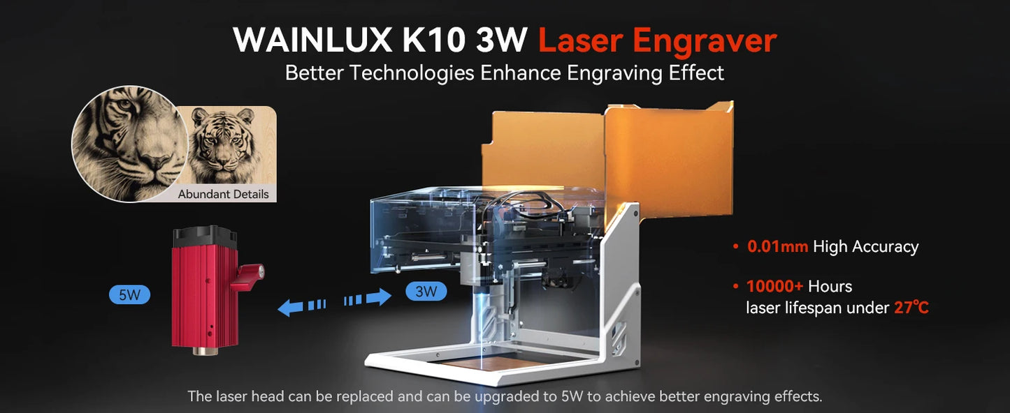 Wainlux K10 Mini Laser Engraver – 3000mW Bluetooth Upgrade for Woodworking, Engraving & Marking Machine