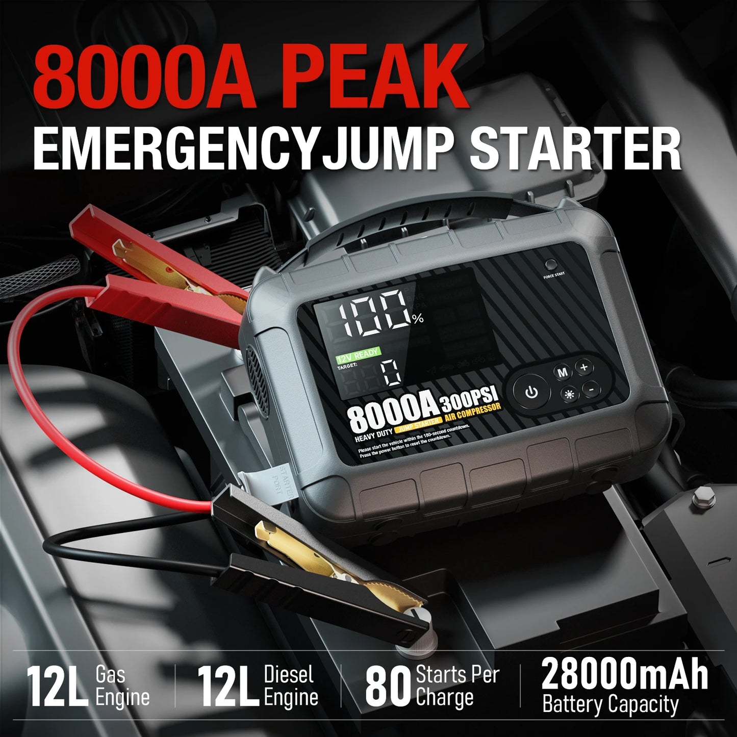 8000A Heavy Duty Car Jump Starter - 12V Powerful Battery Booster Starting Device for Vehicles