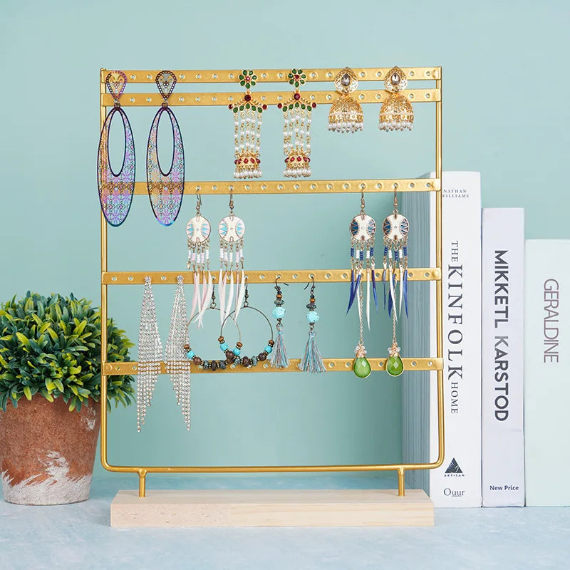 5-Tier Earring Display Stand - 100 Holes Metal Jewelry Organizer with Wooden Base Storage Rack