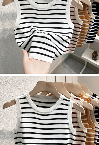 Women's Striped Sleeveless Tank Top — Knitted Crop Summer & Spring Casual Slim Fit Vest Camis