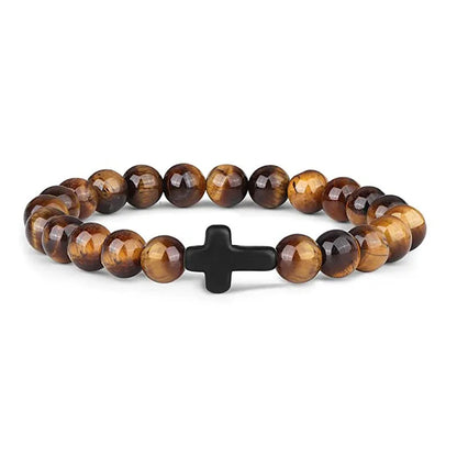 Natural Stone & Wood Bead Rosary Bracelet - Hematite Cross Meditation & Yoga Jewelry for Men & Women