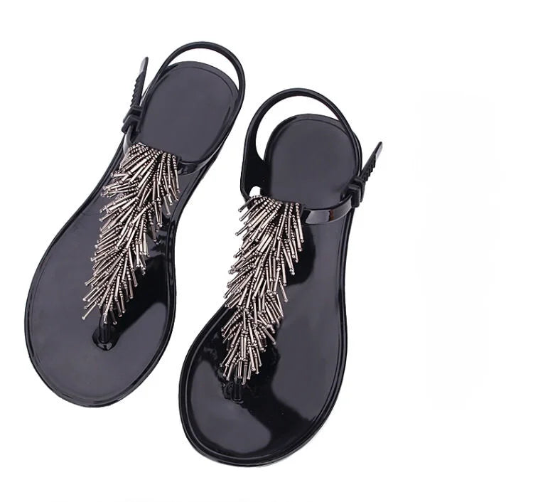 Women's Black Crystal PVC Flip-Flop Sandals – Low Heel Summer 2024 Luxury Footwear