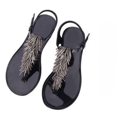 Women's Black Crystal PVC Flip-Flop Sandals – Low Heel Summer 2024 Luxury Footwear