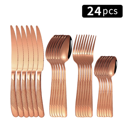 24-Piece Stainless Steel Tableware Set – Star Design Steak Knives, Forks, Dessert Forks, and Spoons for Family Use