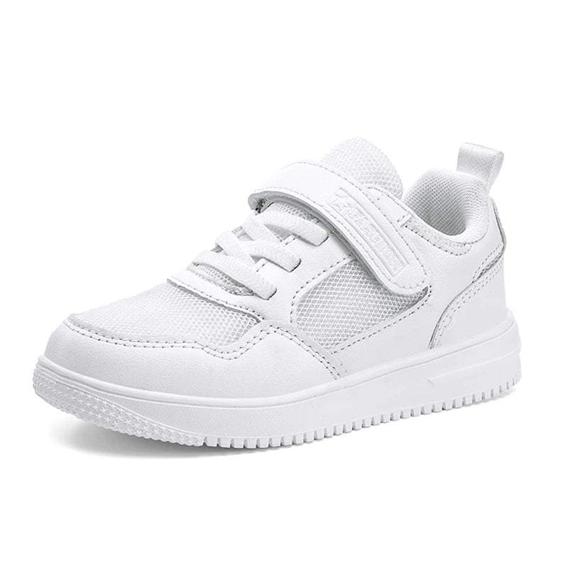 Children’s Black Leather Sneakers – Non-Slip Casual Flat Walking Shoes for Boys & Girls, Lightweight Student Sports Footwear