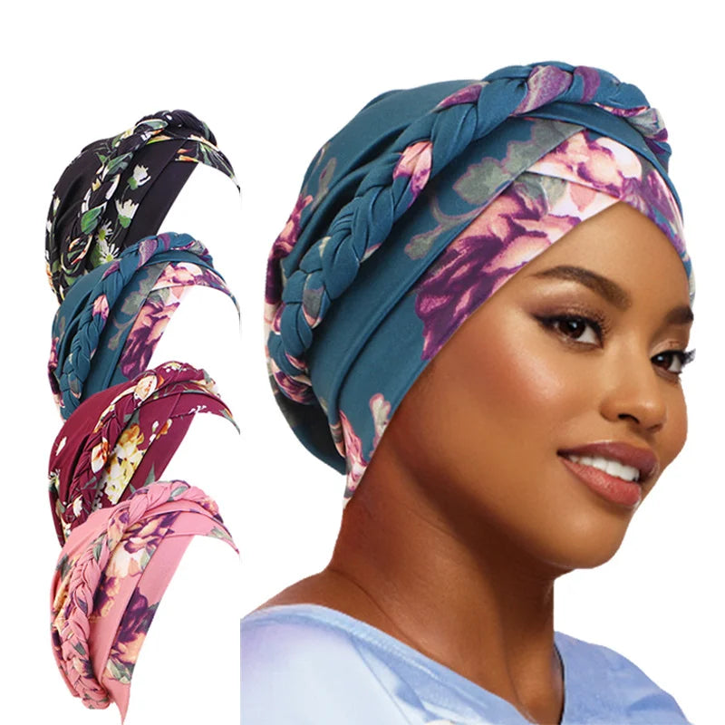 African Print Turban Headband Cap - Twisted Braid Head Wrap with Skullcap Style for Women