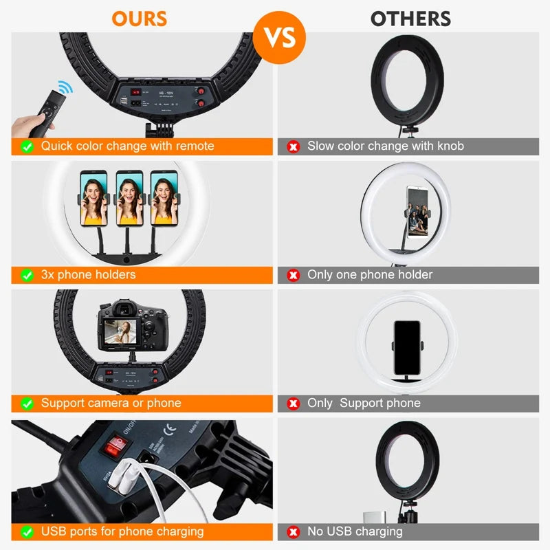 18-Inch Ring Light with Tripod Stand - 55W, 3000-5800K, CRI 90 for Vlog, Video Shooting, Makeup & Selfie