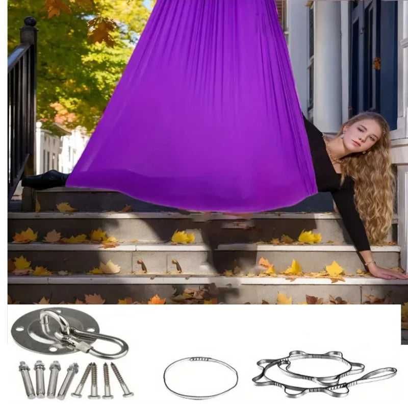 1.5x2.8m Elastic Swing Hammock – Indoor & Outdoor Aerial Yoga Swing with Adjustable Fabric & Hardware for Adults