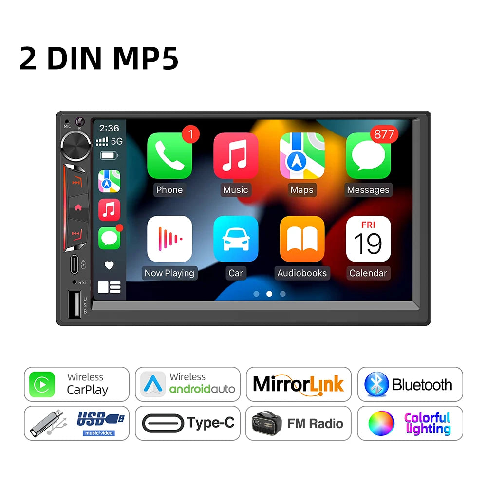 2DIN 7" Car Stereo - Wireless CarPlay & Android Auto Touchscreen MP5 Player with Bluetooth, FM Radio & PD3.0 Fast Charging